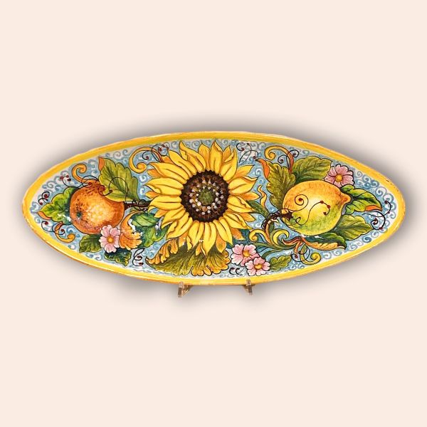NAIL-SHAPED FISH TRAY WITH SUNFLOWER AND LEMONS, CM.46X18